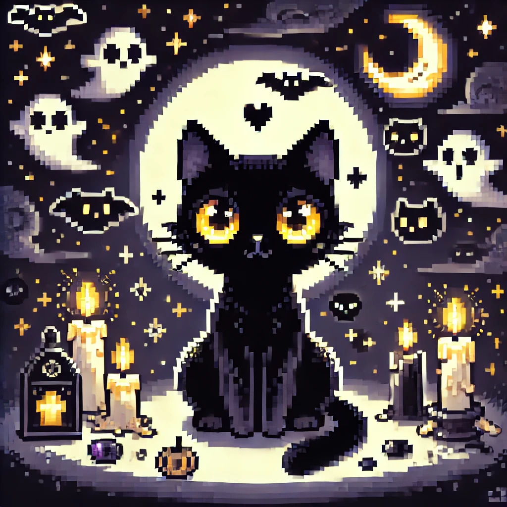 DALL·E 2024-10-06 19.10.00 - A pixel art image of a fully pitch black cat with glowing yellow eyes, sitting in a spooky setting. The cat should have no internal shading or details