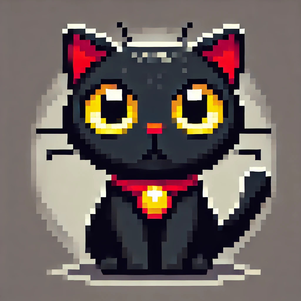 DALL·E 2024-10-07 00.03.26 - A pixelated black cat with glowing yellow eyes, wearing a bright red necklace around its neck. The cat should be very dark, intense pitch black with a