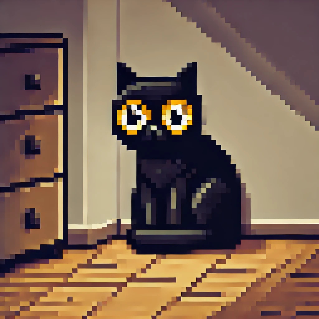 DALL·E 2024-10-07 00.12.33 - A pixelated version of a black cat with glowing yellow eyes sitting near the corner of a room. The cat has round, wide eyes and folded ears, with dark