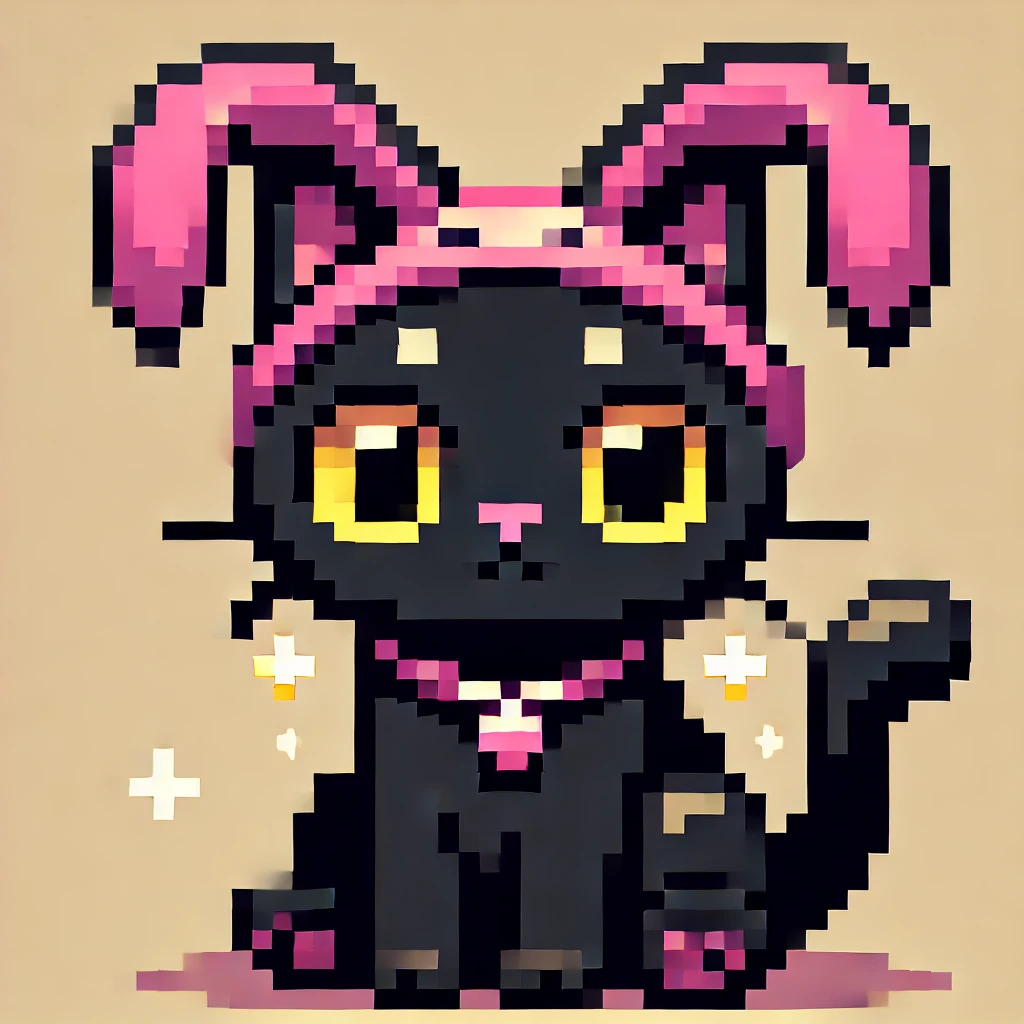 DALL·E 2024-10-07 00.26.05 - A pixelated black cat with glowing yellow eyes, round wide eyes, folded ears, and a full body visible. The cat should be solid black with no shading o